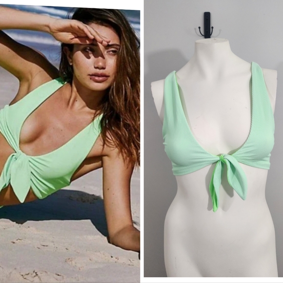 Beach Riot x Free People Bikini Top Small Green Ribbed Tie Front Bralette Swim - Picture 1 of 11